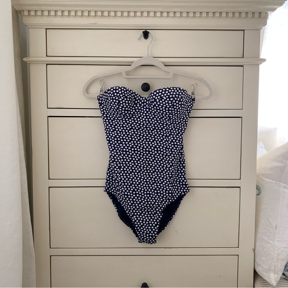 Tory Burch Navy Polka Dot Swimsuit Strapless - Picture 3 of 8